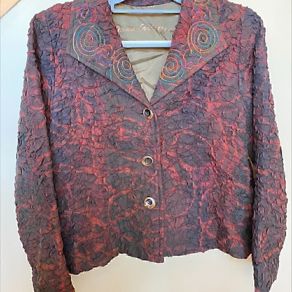 RARE FIND - VINTAGE Anna Carlson Crushed Silk Jacket Rainbow Stitching   Small